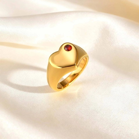 Stainless Steel Heart Signet Ring With Rhinestone Gold Plated Fashion Jewelry For Women Gift Inlaid Birthstone Retro Band