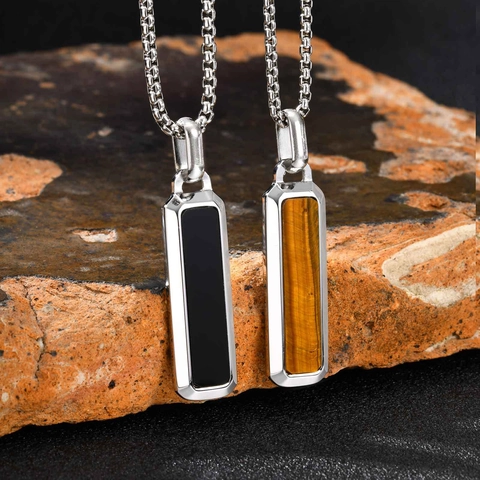 Herren Edelstahl Rechteck Anhänger Halskette Natur Tigerauge Stein Schwarz Inlay Minimalistisch Bar Schmuck Geometrisch Polierte Halskette