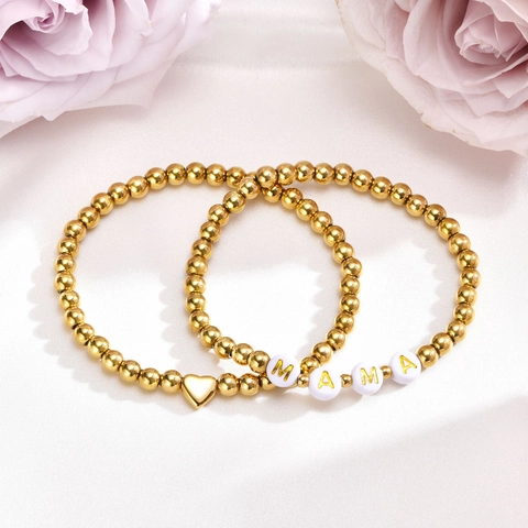 Stainless Steel Gold Plated Double Layer Beaded Bracelet With Heart Pendant And MAMA Alphabet Beads For Women Mother Day Gift