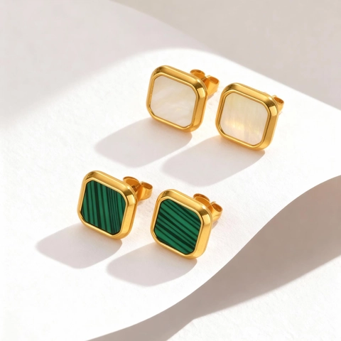 Vintage Stainless Steel Square Stud Earrings For Women Gold Plated Mother Of Pearl Malachite Geometric Fashion Jewelry