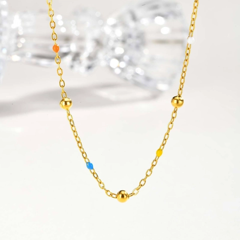 Women's Stainless Steel Gold Plated Colorful Enamel Bead Necklace Chic Multi-color Ball Chain Necklace Fashion Jewelry