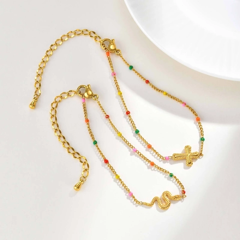 Bracciale Minimalista in Acciaio Inossidabile Placcato Oro per Donna Con Perline di Smalto Colorate Ciondolo Serpente e Croce