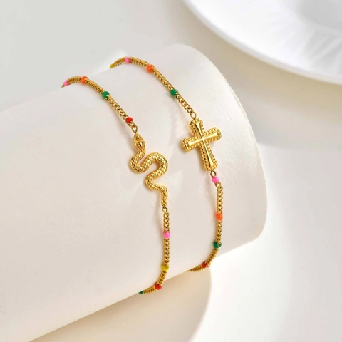Bracciale Minimalista in Acciaio Inossidabile Placcato Oro per Donna Con Perline di Smalto Colorate Ciondolo Serpente e Croce