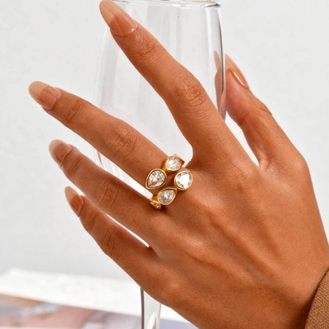 Anillo de Acero Inoxidable de Lujo con Circonia en Forma de Gota Elegante Banda Ajustable Chapada en Oro para Mujer