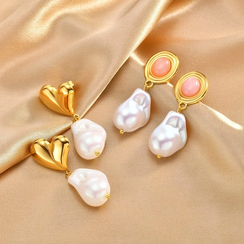 Orecchini in Acciaio Inossidabile Vintage Perla Artificiale Barocca Cuore Leggero Lusso Pietra Rosa Pendenti Ovale Donna