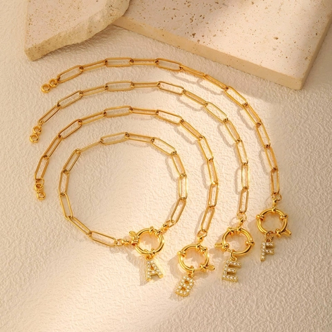 Roestvrijstalen Paperclip Ketting Letter Armband Voor Vrouwen Goud Koper Strass Initiaal Hanger Pave Sluiting Sieraden