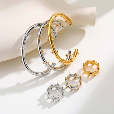 Minimalista Acero Inoxidable Geométrico Cuentas de Metal Brazalete Abierto Y Anillo Conjunto de Joyas para Mujer Pulido Dorado Plateado Bicolor Accesorios