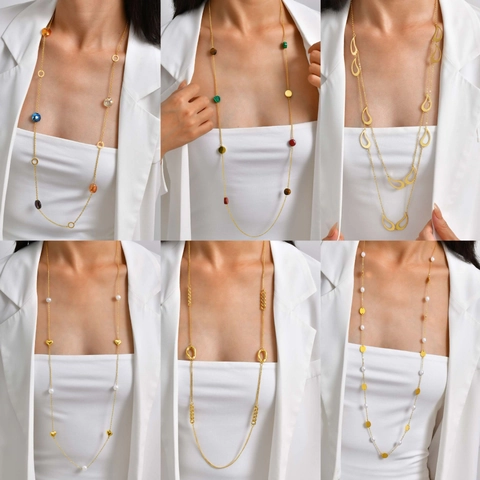 Collier Long pour Femme en Acier Inoxydable avec Perle Artificielle Cœur Goutte Chaîne de Pull Or Argent Bijoux de Mode Elégants
