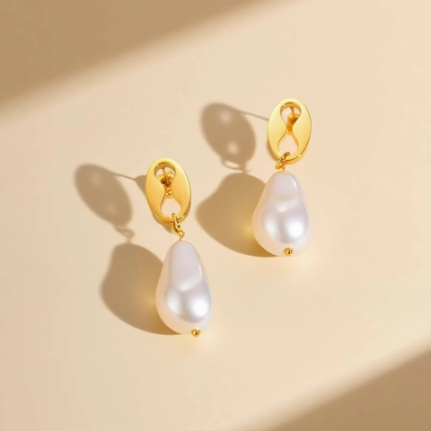 Vintage Stainless Steel Baroque Artificial Pearl Drop Earrings Gold Hollow Oval Coffee Bean Stud Earrings For Women