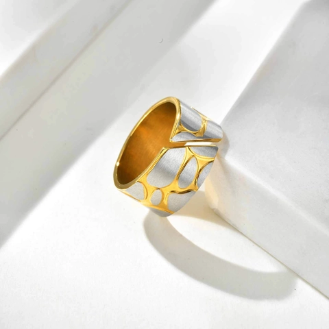 Onregelmatige Kiezel Tweekleurige Roestvrij Staal Open Ring Vrouwen Mode Goud Zilver Verguld Brede Band Geometrische Ring