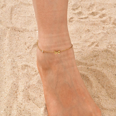 Mode Edelstahl 18K Vergoldet Schleife Zirkonia Fußkettchen Für Damen Sommer Strand Verstellbare Fußkette Schmuck