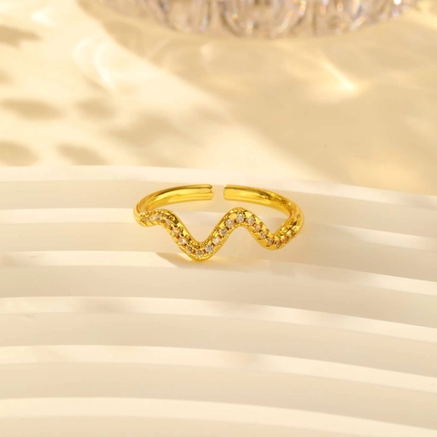 Moderno Anello Aperto a Onda in Rame per Donna Regolabile Oro Strass Intarsiato Minimalista Moda Gioielli da Dito Regalo