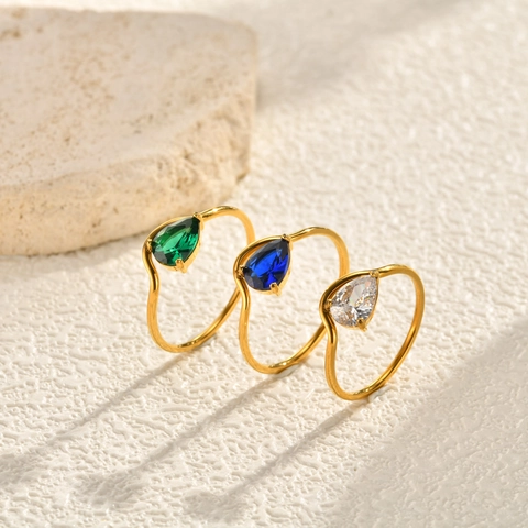 Edelstahl Birnenschliff Zirkonia Wellen Ring Damen Vergoldet Wassertropfen Edelstein Fingerring Vintage Mode Schmuck Geschenk