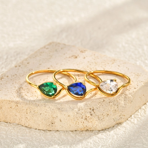 Edelstahl Birnenschliff Zirkonia Wellen Ring Damen Vergoldet Wassertropfen Edelstein Fingerring Vintage Mode Schmuck Geschenk