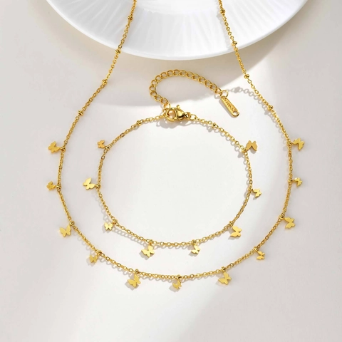 Conjunto de Joyería Collar Pulsera con Colgante de Mariposa Corazón de Acero Inoxidable Chapado en Oro Minimalista Elegante Mujer
