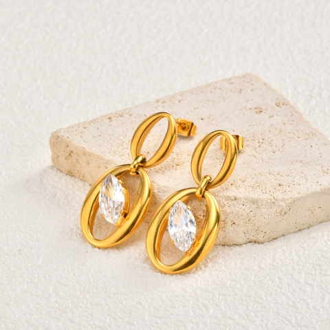 French Minimalist Stainless Steel Double Oval Dangle Earrings For Women Gold Plated Marquise Rhinestone Geometric Jewelry Earrings