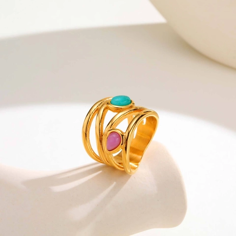 Französischer Stil Mehrschichtige Edelstahl Ring Amazonit Rosenquarz Vergoldet Modischer Fingerschmuck Für Damen