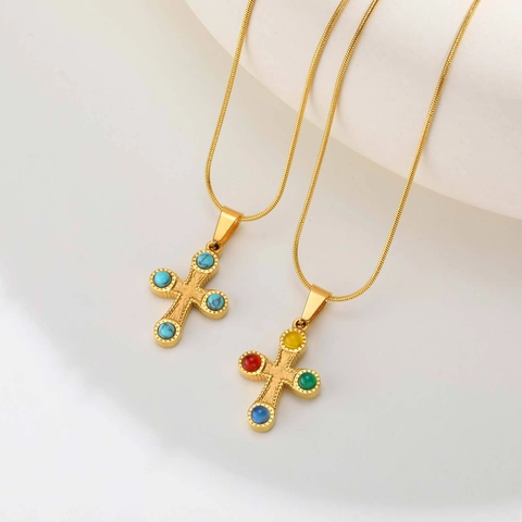 Vintage Stainless Steel Cross Pendant Necklace For Women Gold Plated Colorful Artificial Stone Snake Chain Clavicle Necklace