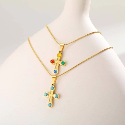 Vintage Stainless Steel Cross Pendant Necklace For Women Gold Plated Colorful Artificial Stone Snake Chain Clavicle Necklace
