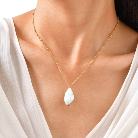 Collar de Acero Inoxidable Estilo Oceánico Colgante de Concha de Cerámica Cadena de Bolas de Oro para Mujer Joyería de Moda Playa