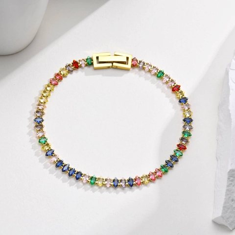 Edelstahl Vergoldetes Regenbogen Marquise Zirkonia Armband Für Damen Mode Bunter Schmuck Tennisarmband
