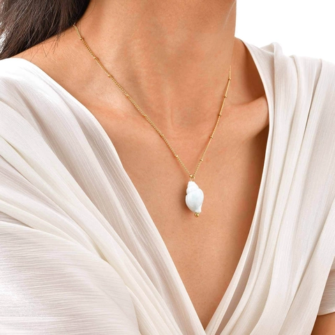 Collar de Acero Inoxidable Estilo Oceánico Colgante de Concha de Cerámica Cadena de Bolas de Oro para Mujer Joyería de Moda Playa