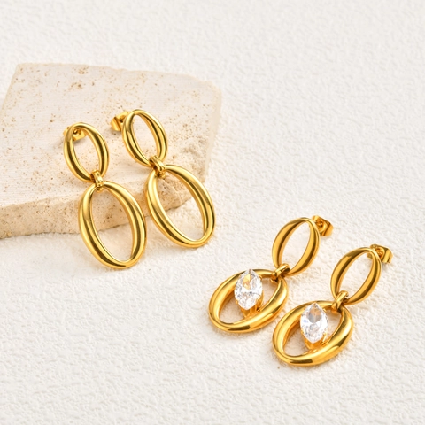 French Minimalist Stainless Steel Double Oval Dangle Earrings For Women Gold Plated Marquise Rhinestone Geometric Jewelry Earrings