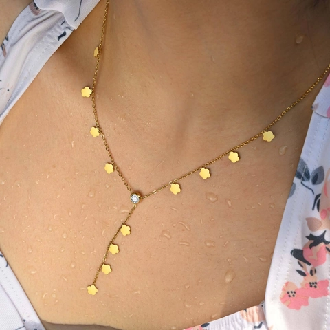 Stainless Steel Flower Y-Shape Necklace For Women Summer Beach Gold Plated Rhinestone Pendant Jewelry NC-2425G