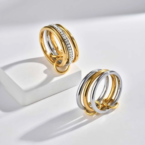 Modern Stainless Steel Interlocking Rings For Women Multi-layer Stackable Rhinestone Pave Ring Minimalist Fashion Jewelry Gift