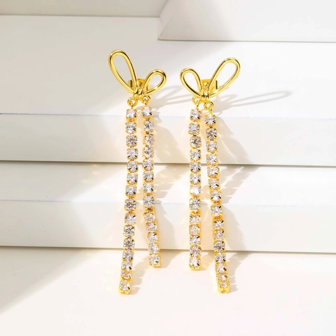 Copper Bowknot Long Tassel Drop Earrings For Women Fashion Elegant Rhinestone Heart Dangle Earrings Jewelry Gift