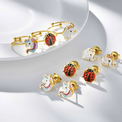 Stainless Steel Cartoon Jewelry Enamel Unicorn Elephant Ladybug Flower Fish Earrings Bracelet Ring Cute Fashion Accessory