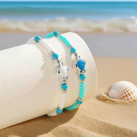 Style Océan Plage d'Été Chevillère Perlée Tortue de Mer pour Femmes Cordon Tissé à la Main Ajustable Turquoise Blanc