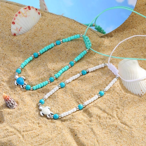 Style Océan Plage d'Été Chevillère Perlée Tortue de Mer pour Femmes Cordon Tissé à la Main Ajustable Turquoise Blanc