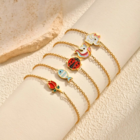 Stainless Steel Cartoon Jewelry Enamel Unicorn Elephant Ladybug Flower Fish Earrings Bracelet Ring Cute Fashion Accessory