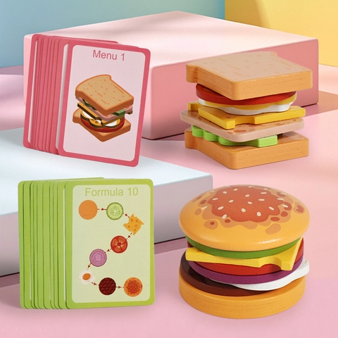 Wooden Simulation Mini Burger Sandwich Stacking Toy Children Pretend Play Food Educational Montessori Kitchen Toy For Kids