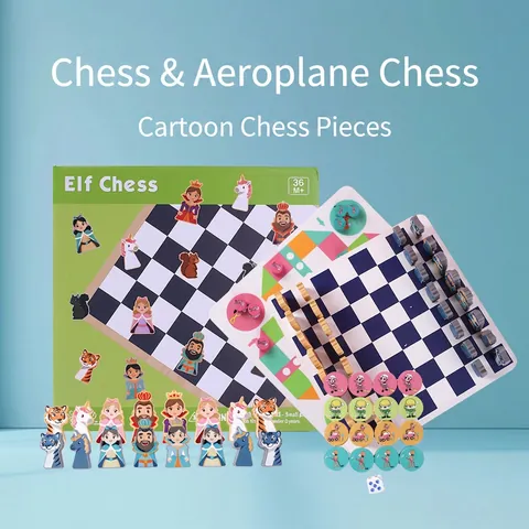 Gioco da Tavolo Elf Chess per Bambini Set di Scacchi Internazionali e Ludo in Legno Educativo Con Personaggi Animali
