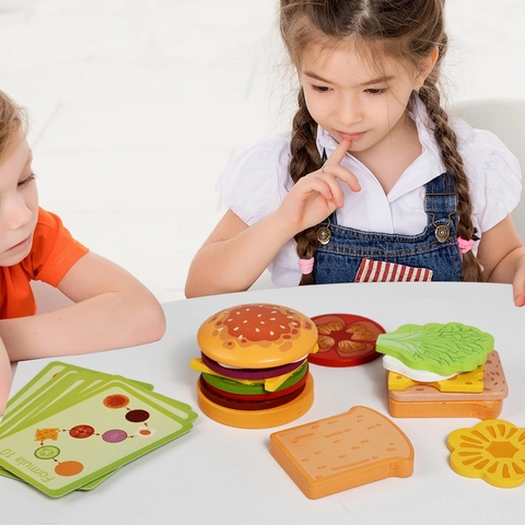 Wooden Simulation Mini Burger Sandwich Stacking Toy Children Pretend Play Food Educational Montessori Kitchen Toy For Kids