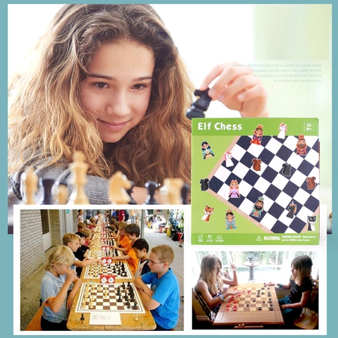 Gioco da Tavolo Elf Chess per Bambini Set di Scacchi Internazionali e Ludo in Legno Educativo Con Personaggi Animali