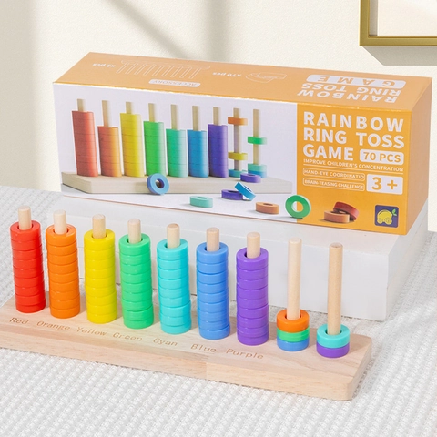 Juego de Lanzamiento de Anillos de Arcoíris Montessori de Madera Juguetes Educativos de Conteo para Niños Coordinación Mano-Ojo