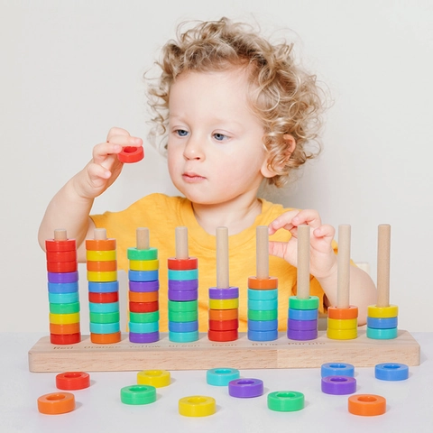 Juego de Lanzamiento de Anillos de Arcoíris Montessori de Madera Juguetes Educativos de Conteo para Niños Coordinación Mano-Ojo