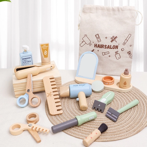 Wooden Barber Salon Role Play Toy Kit Kids Montessori Hair Cutting Collection With Canvas Bag Hair Dryer Scissors Combs