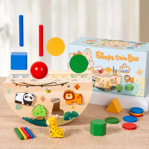 Scatola di Intelligenza Bilanciante Montessori in Legno con Forme Animali Gioco di Abbinamento Monete Giocattolo Educativo per Bambini