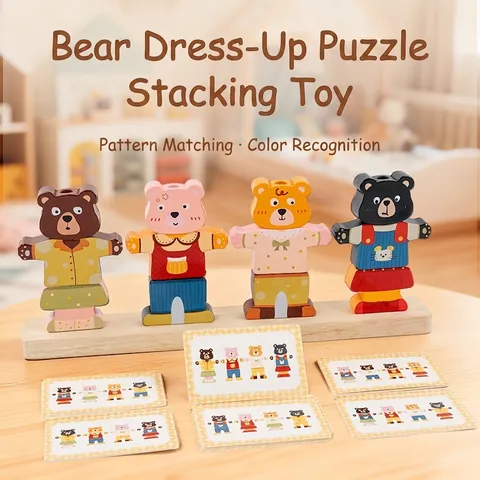 Orsetto Cambia Vestiti Giocattolo in Legno Educativo Riconoscimento Colori Abbinamento Logico Pilastro per Bambini Apprendimento