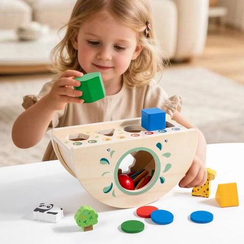Scatola di Intelligenza Bilanciante Montessori in Legno con Forme Animali Gioco di Abbinamento Monete Giocattolo Educativo per Bambini