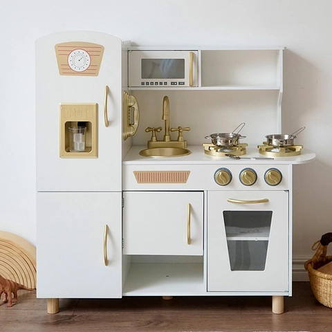 Scandinavische Houten Speelkeuken Set Voor Kinderen Simulatie Keukengerei Voor Meisjes Vroege Educatie Cadeau Wit Goud