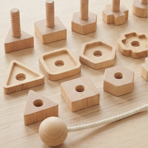 Giocattolo Educativo in Legno di Faggio Montessori Gioco di Filettatura a Forma di Dado per Bambini Allenamento Motricità