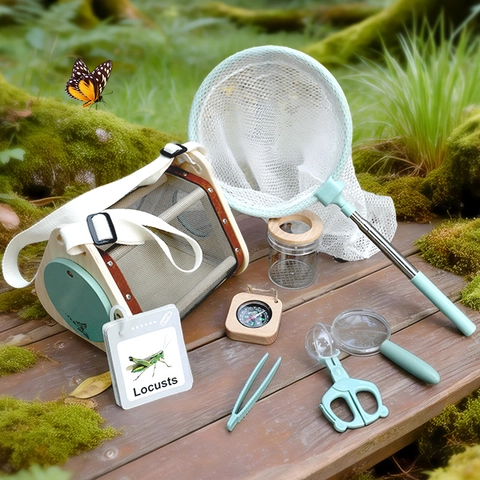 Kinder Outdoor Insekten Erkundungs Kit Holz Insektenfänger Behälter Mit Netz Lupe Pinzette Pädagogisches Naturbeobachtungswerkzeuge