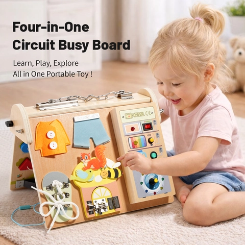 Wooden Montessori Busy Board For Toddlers 4-in-1 Sensory Board With LED Lights Switches Buttons Learning Life Skills Educational Toys