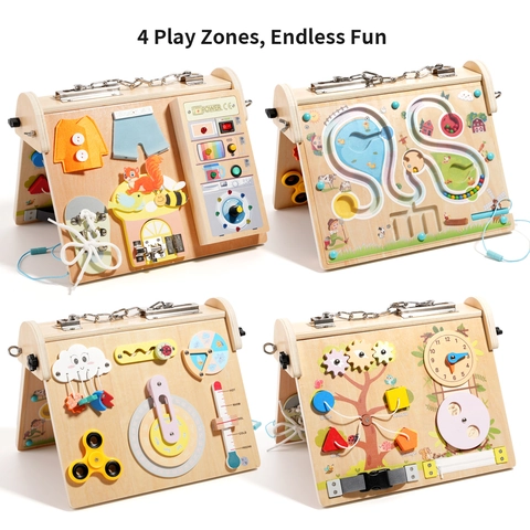 Wooden Montessori Busy Board For Toddlers 4-in-1 Sensory Board With LED Lights Switches Buttons Learning Life Skills Educational Toys