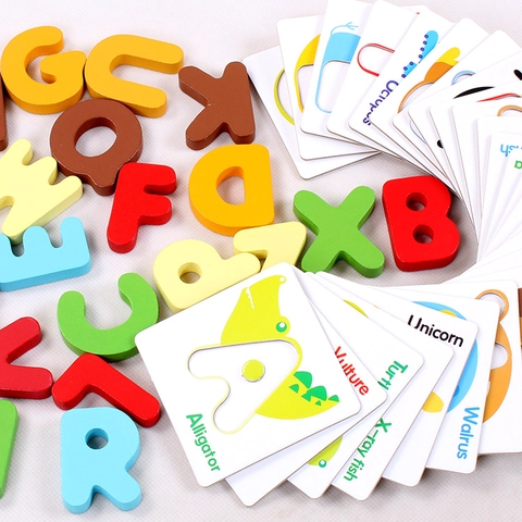 Carte dell'Alfabeto in Legno con Motivo Animale Educazione Prescolare Giocattoli Montessori Blocchi di Lettere Educativi Colorati per Bambini